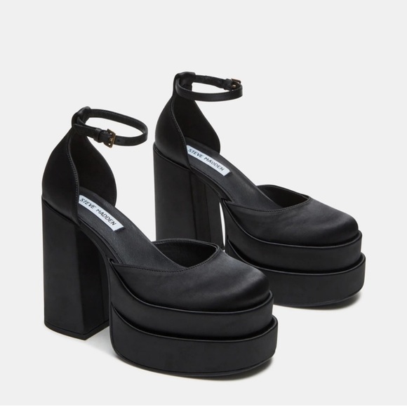 Steve Madden Charlize Black Satin Platform Heels | Size 6.5 - Picture 3 of 11